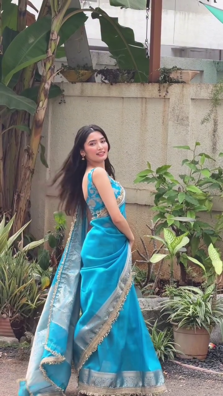 Elegant Teal Blue Saree with Golden Border - Image 4