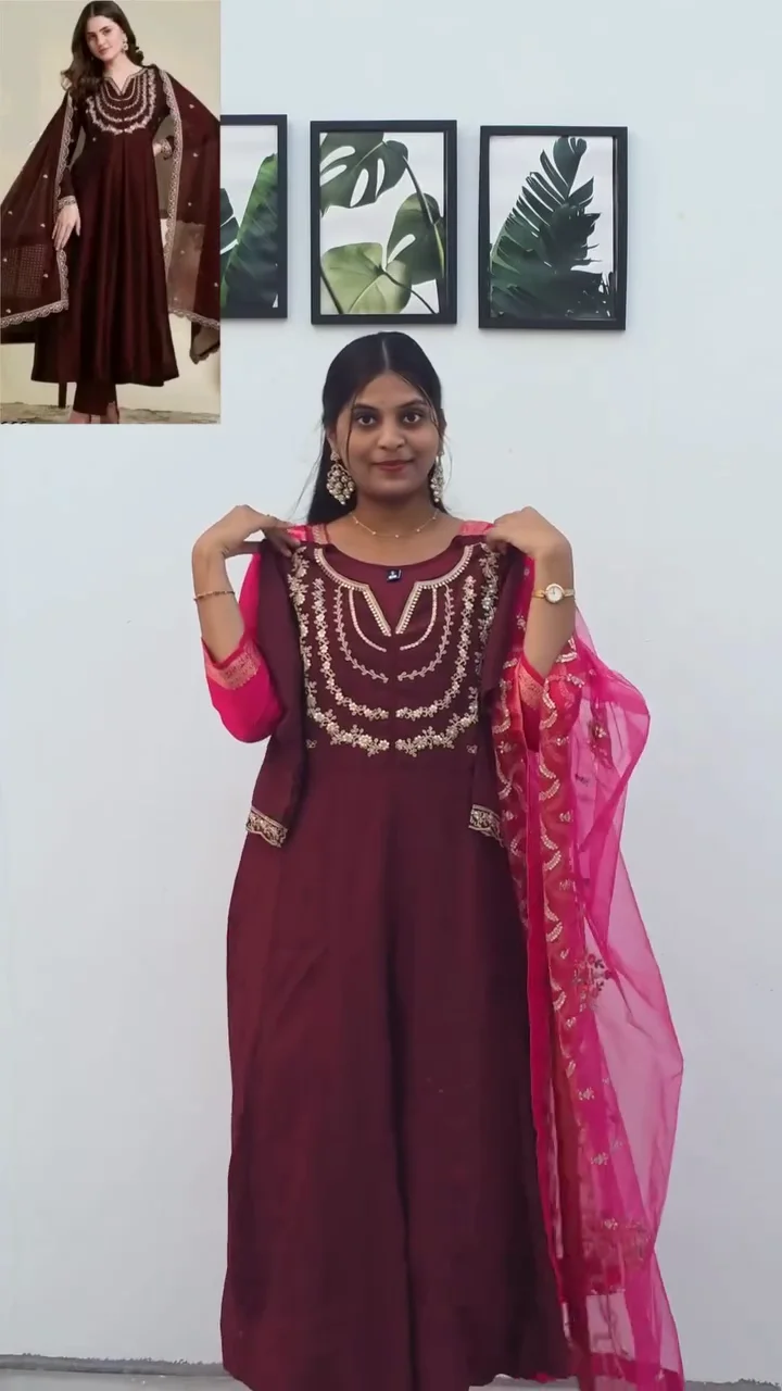 Royal Rust Orange Naixa Vichitra Silk Flared Kurta Set with Dupatta - Image 2